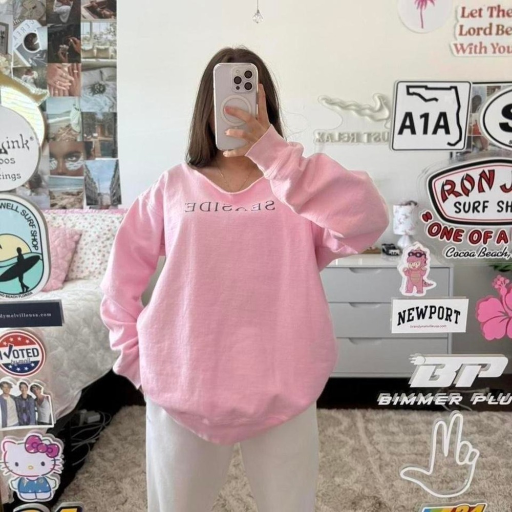 pink and navy‎ Seaside Florida off the shoulder crewneck sweatshirt